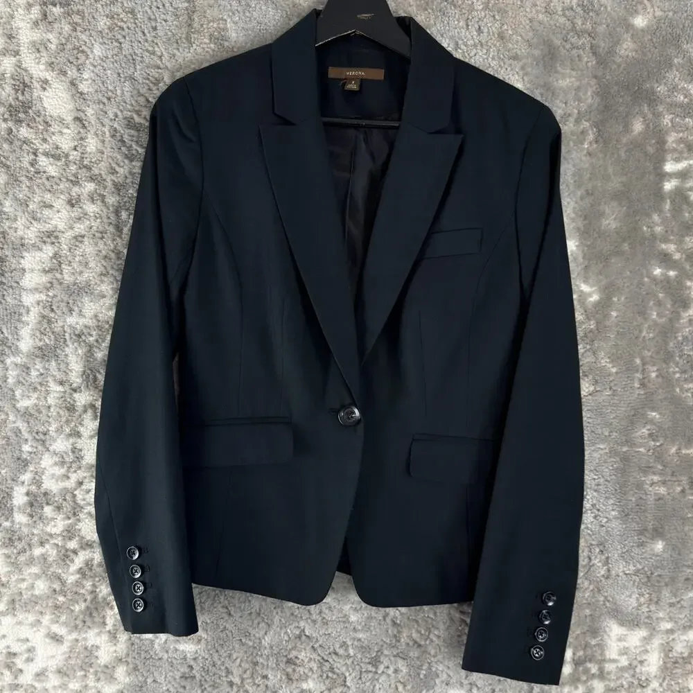 Merona Size 2 Wool Career Notched Blazer Jacket Black Single Button Long Sleeve